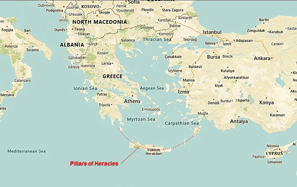 Map of the Aegean and Crete showing a conceptual sea mouth labeled as 'Pillars of Heracles' (a gateway name, not a fixed monument)
